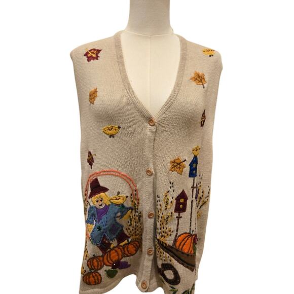 Vintage Fall Bobbie Brooks Scarecrow Pumpkin Autumn Vest New Deadstock Ramie XL - Picture 1 of 10